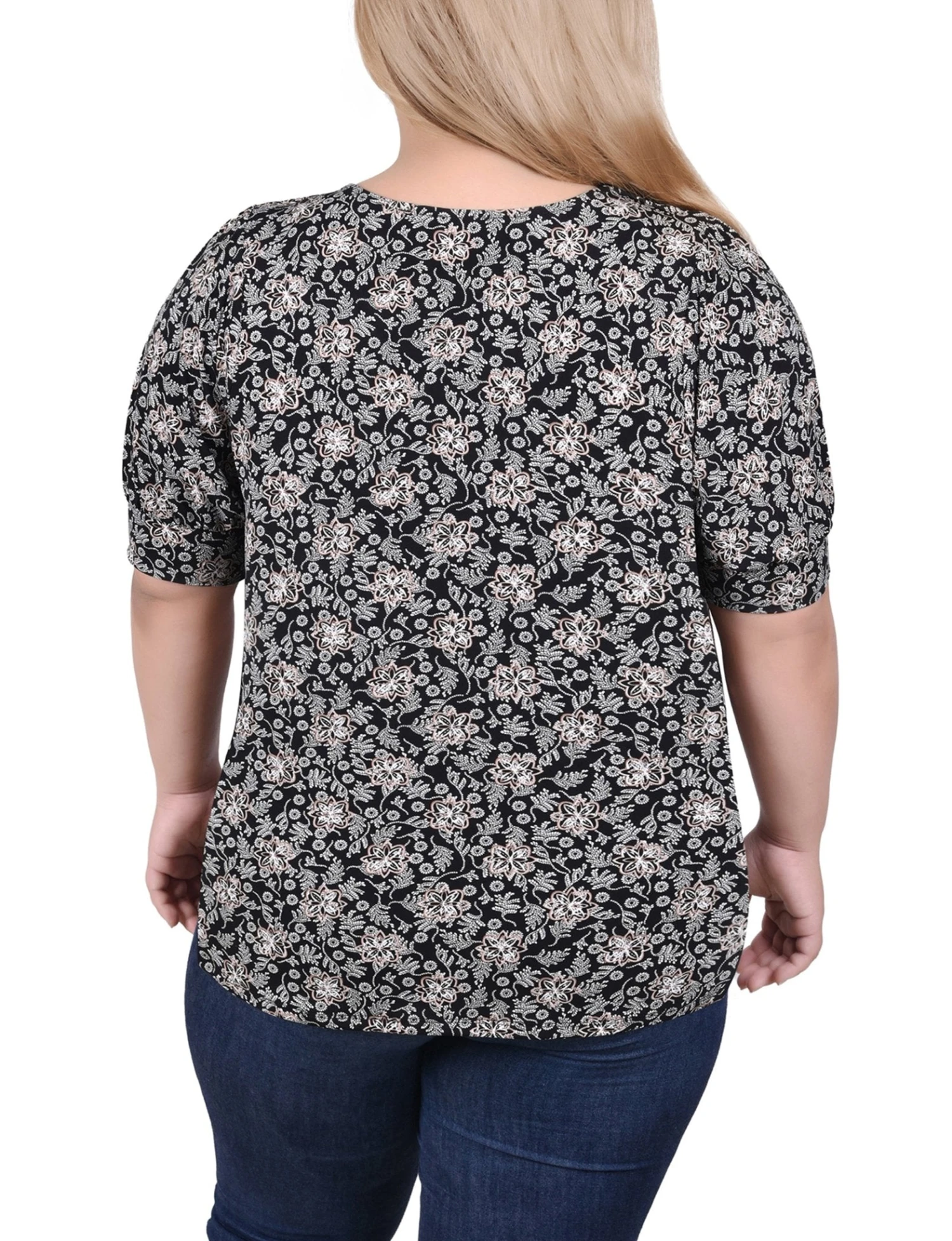 Plus Size Floral Balloon Sleeve Top with Hardware Detail - Black Ivory Taupe 4 Plus Size Floral Balloon Sleeve Top with Hardware Detail - Black Ivory Taupe - Image 4