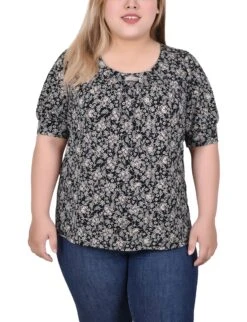 Plus Size Floral Balloon Sleeve Top with Hardware Detail - Black Ivory Taupe