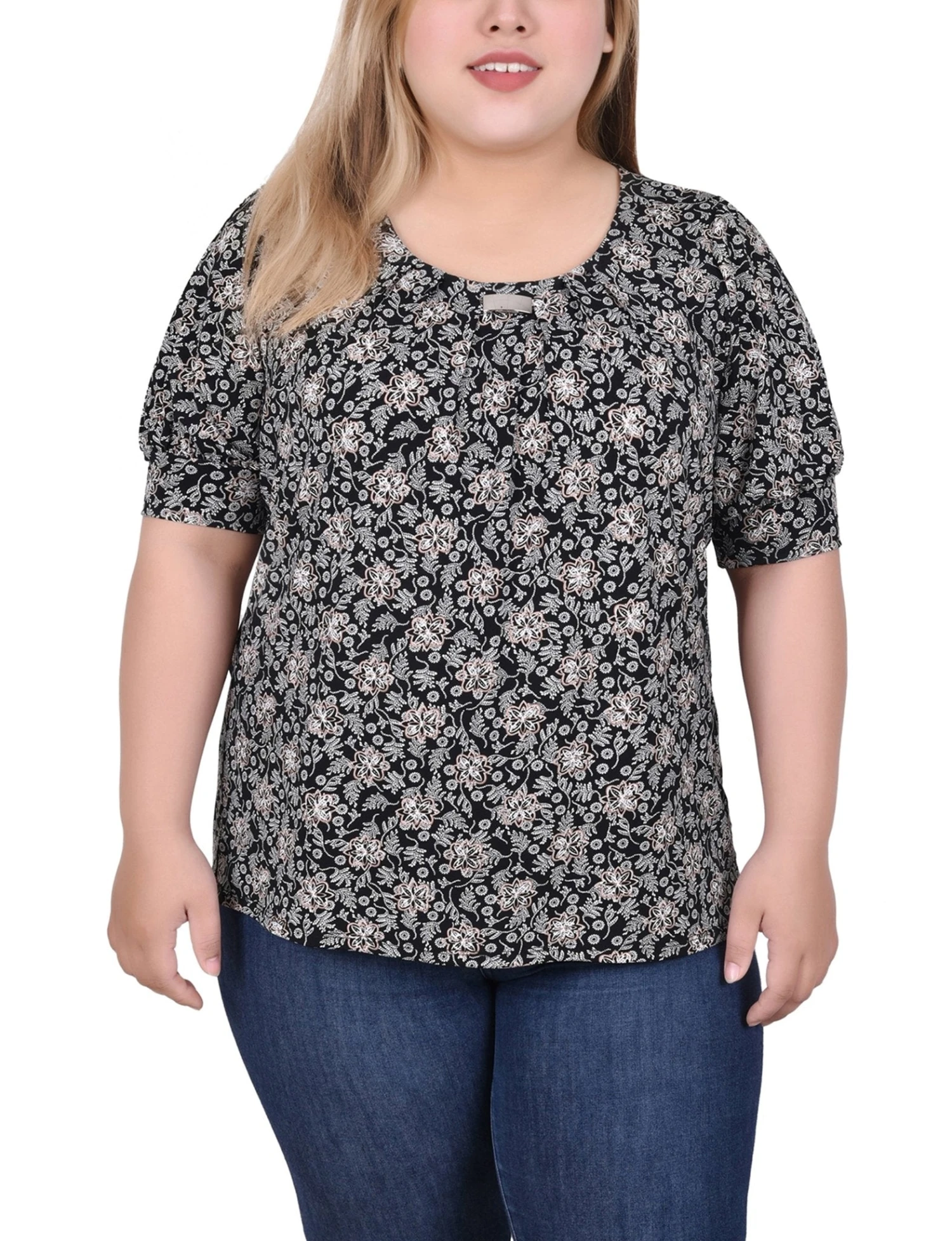 Plus Size Floral Balloon Sleeve Top with Hardware Detail - Black Ivory Taupe 1 Plus Size Floral Balloon Sleeve Top with Hardware Detail - Black Ivory Taupe