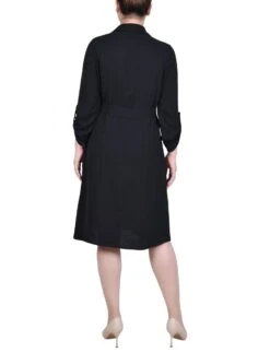 Classic Black Roll Tab Sleeve Shirtdress with Self-Tie Belt 6 Classic Black Roll Tab Sleeve Shirtdress with Self-Tie Belt -Dressbarn Store black long roll tab sleeve shirtdress 212367