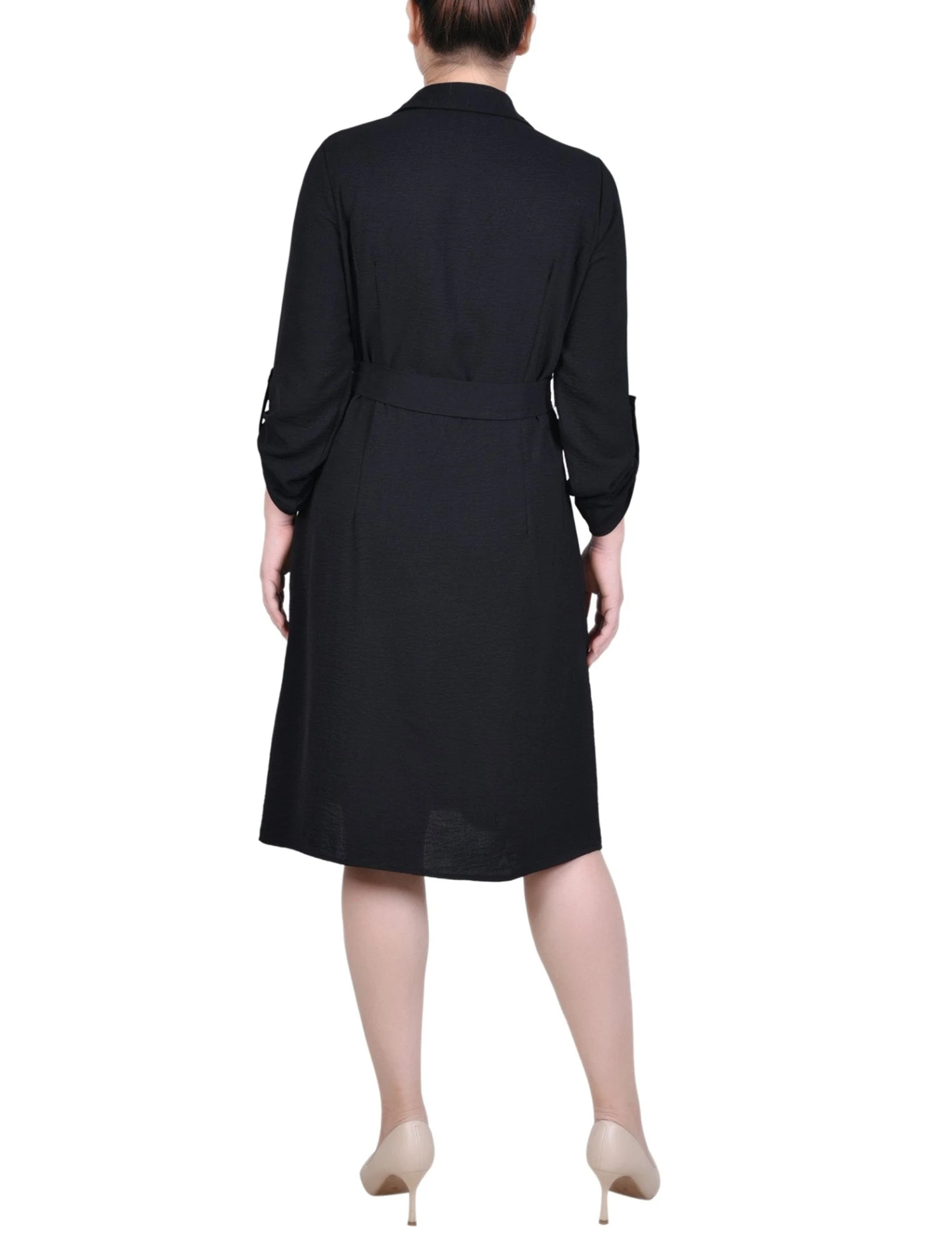 Classic Black Roll Tab Sleeve Shirtdress with Self-Tie Belt 3 Classic Black Roll Tab Sleeve Shirtdress with Self-Tie Belt - Image 3