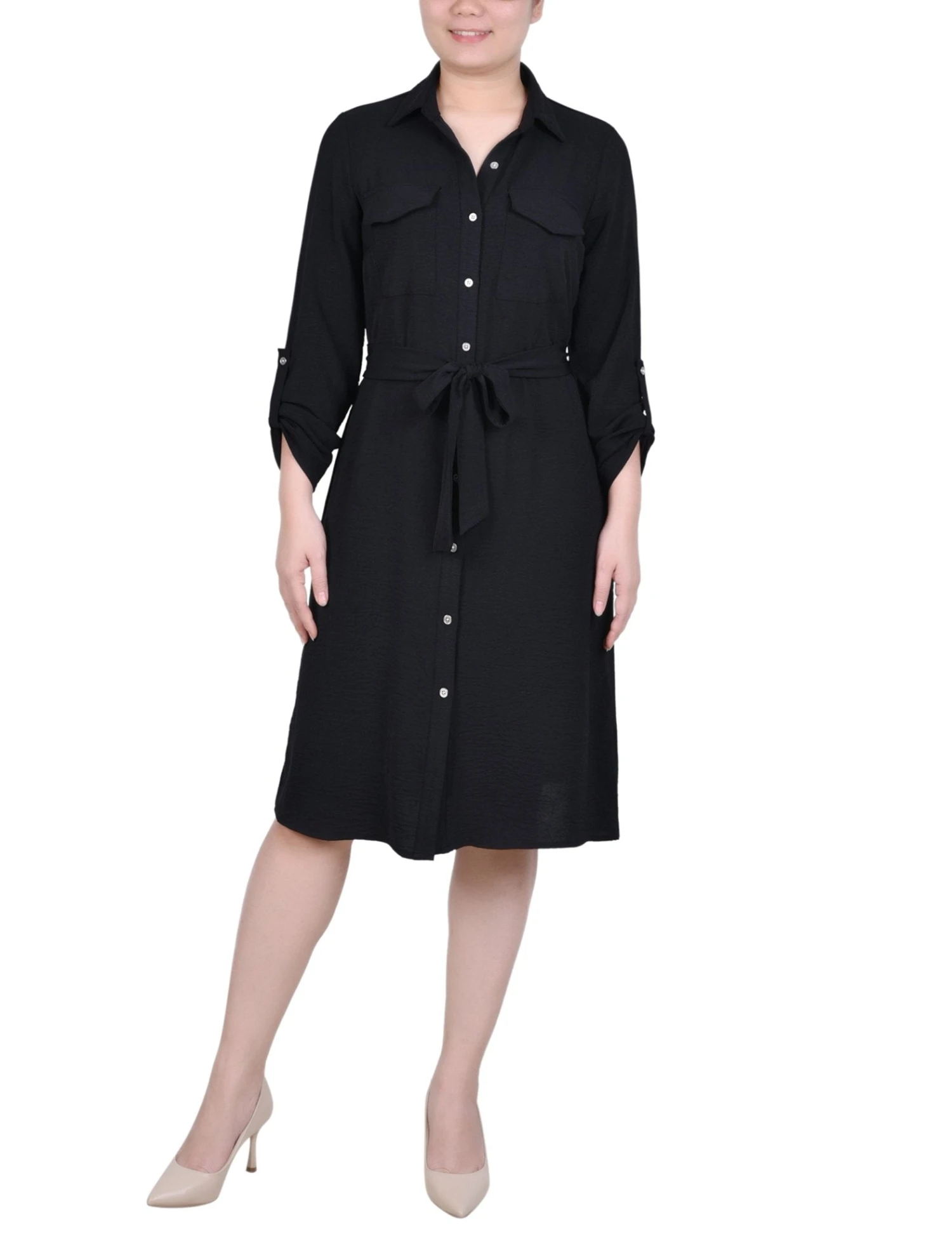 Classic Black Roll Tab Sleeve Shirtdress with Self-Tie Belt 1 Classic Black Roll Tab Sleeve Shirtdress with Self-Tie Belt