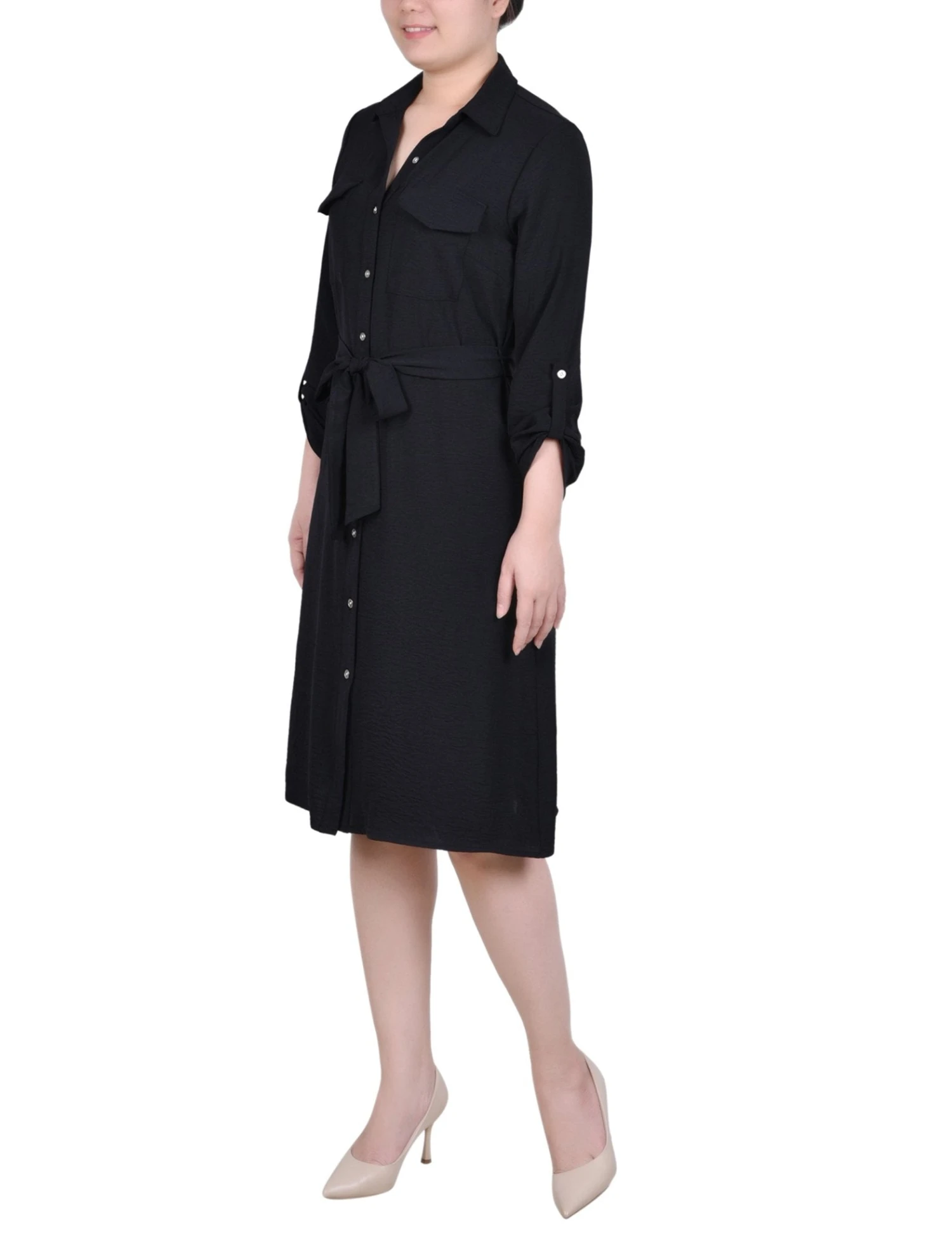 Classic Black Roll Tab Sleeve Shirtdress with Self-Tie Belt 2 Classic Black Roll Tab Sleeve Shirtdress with Self-Tie Belt - Image 2
