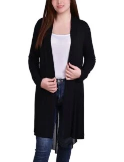 Black Long Sleeve Knit Cardigan with Chiffon Back and Hi-Low Hem