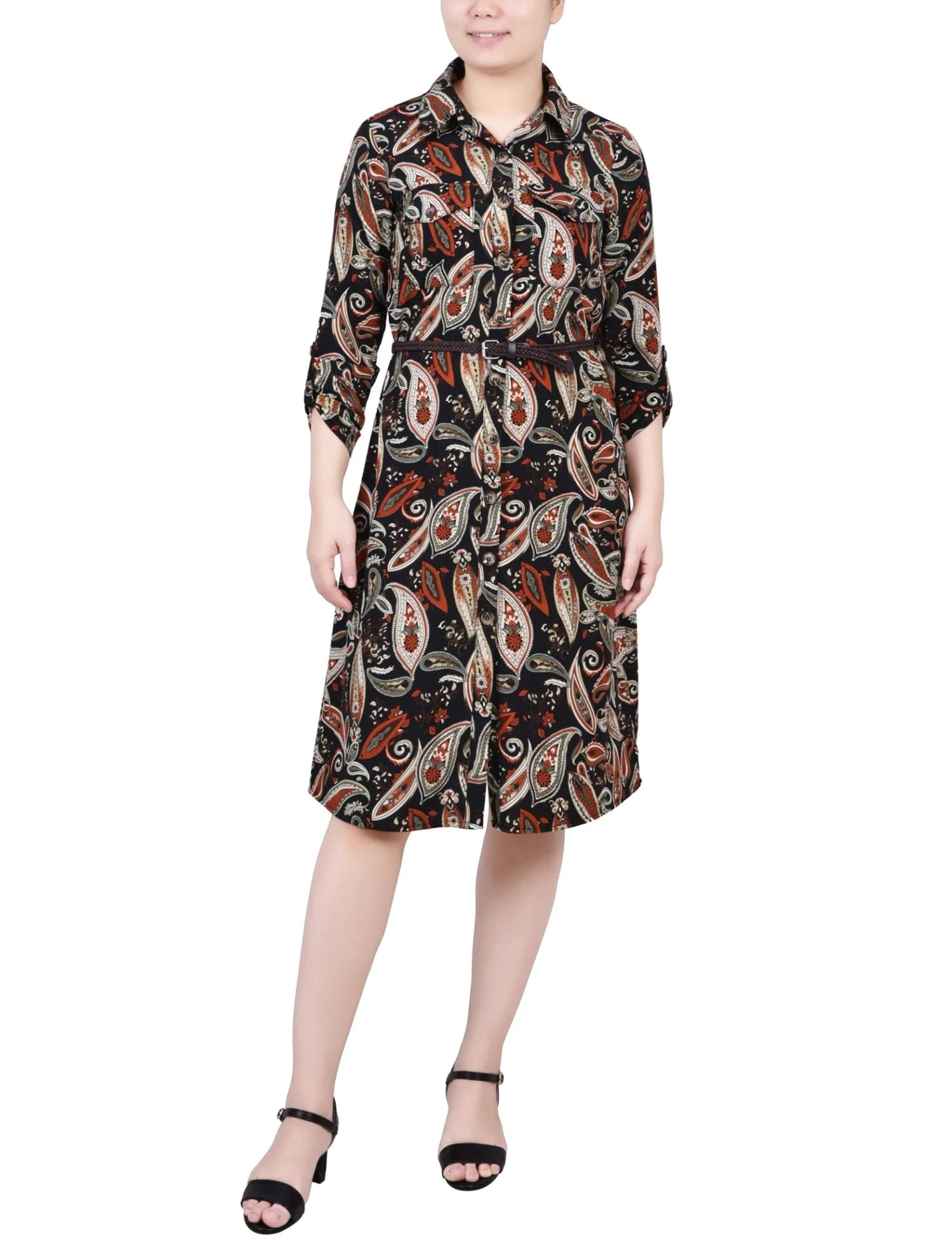 Petite Black Paisley Button-Front Shirtdress with Roll Tab Sleeves 1 Petite Black Paisley Button-Front Shirtdress with Roll Tab Sleeves