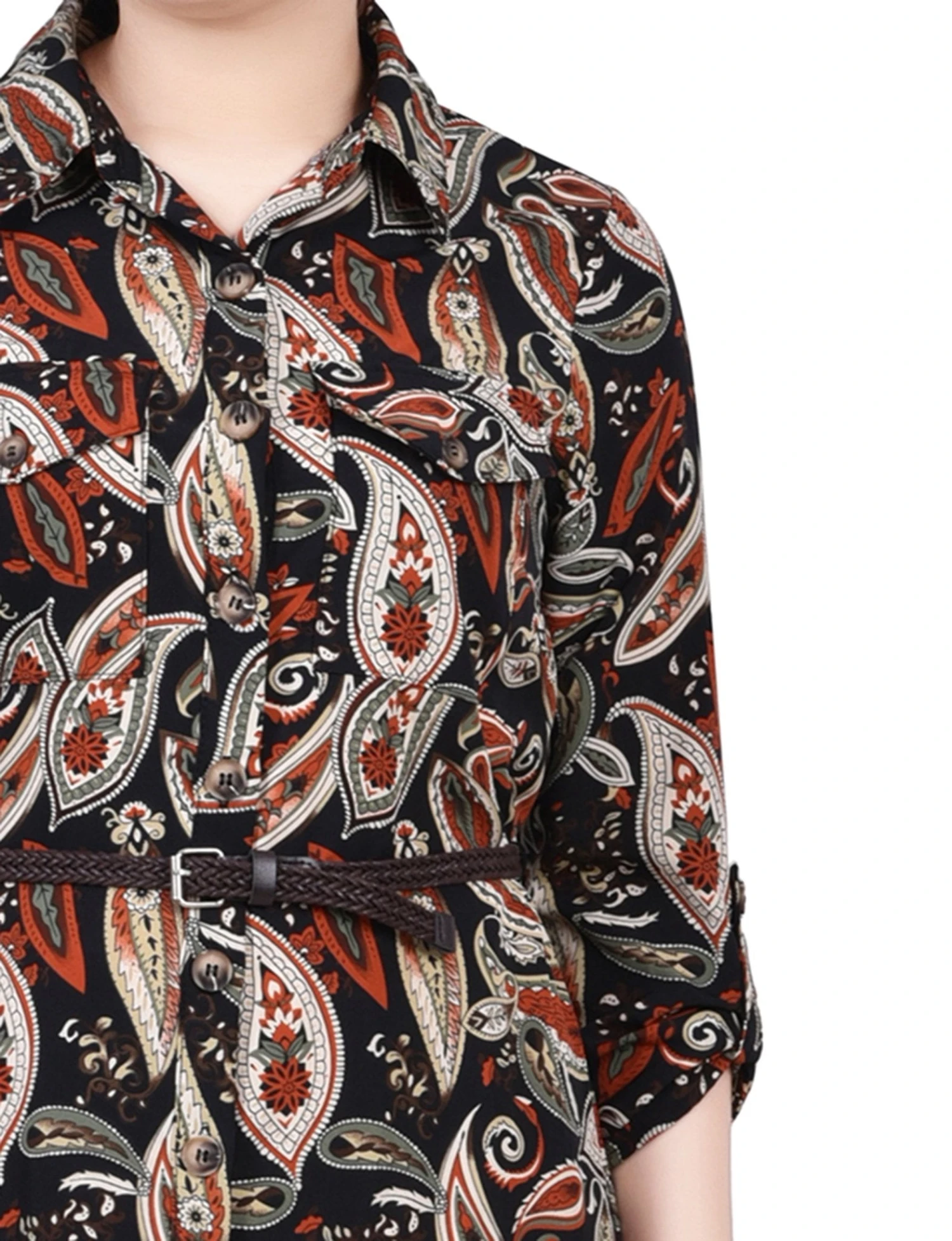 Petite Black Paisley Button-Front Shirtdress with Roll Tab Sleeves 4 Petite Black Paisley Button-Front Shirtdress with Roll Tab Sleeves - Image 4