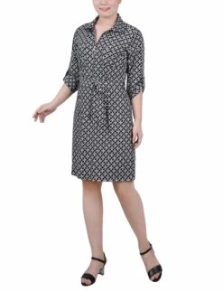 Petite Black Zip Front Shirtdress with Roll-Tab Sleeves and Belt