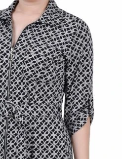 Petite Black Zip Front Shirtdress with Roll-Tab Sleeves and Belt -Dressbarn Store black rope iconic belted roll tab zip front shirtdress petite 882047