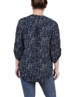 Petite Black Royal Abstract Line 3/4 Roll Tab Sleeve Y-Neck Top -Dressbarn Store black royal abstract line 34 roll tab sleeve y neck top petite 216885