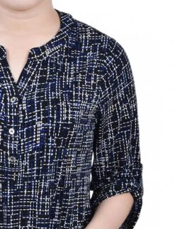 Petite Black Royal Abstract Line 3/4 Roll Tab Sleeve Y-Neck Top -Dressbarn Store black royal abstract line 34 roll tab sleeve y neck top petite 949131