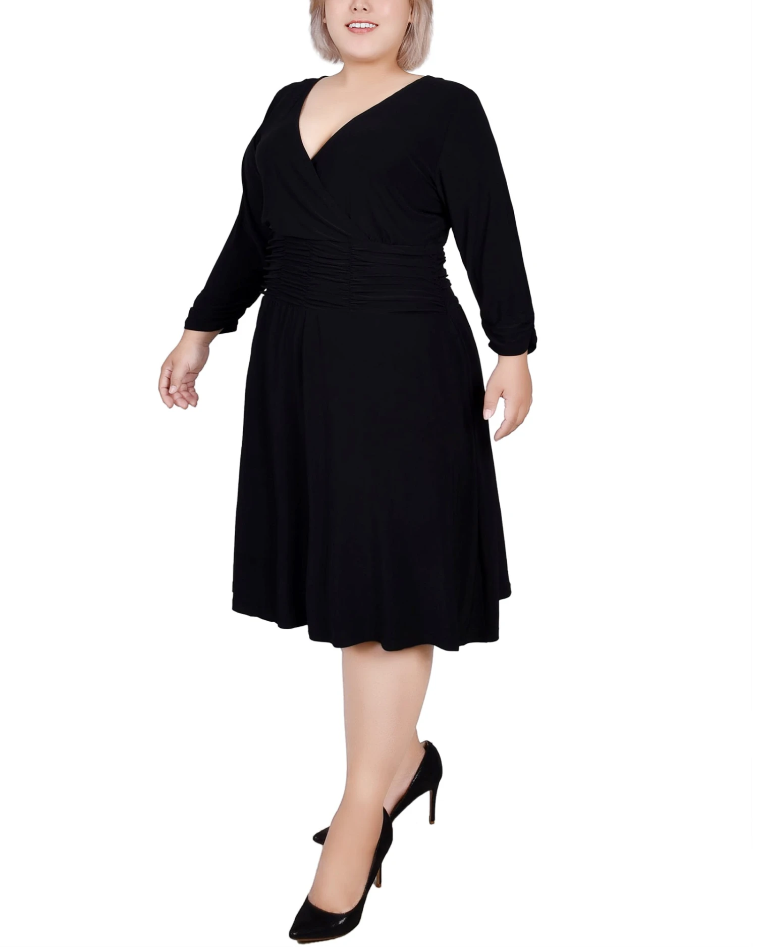 Plus Size Black Ruched A-Line Dress with Empire Waist 2 Plus Size Black Ruched A-Line Dress with Empire Waist - Image 2