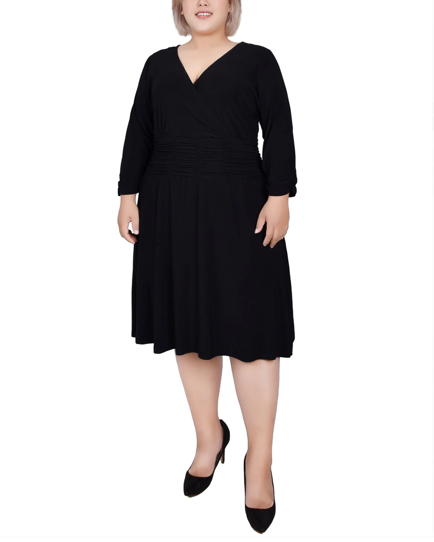 Plus Size Black Ruched A-Line Dress with Empire Waist 1 Plus Size Black Ruched A-Line Dress with Empire Waist