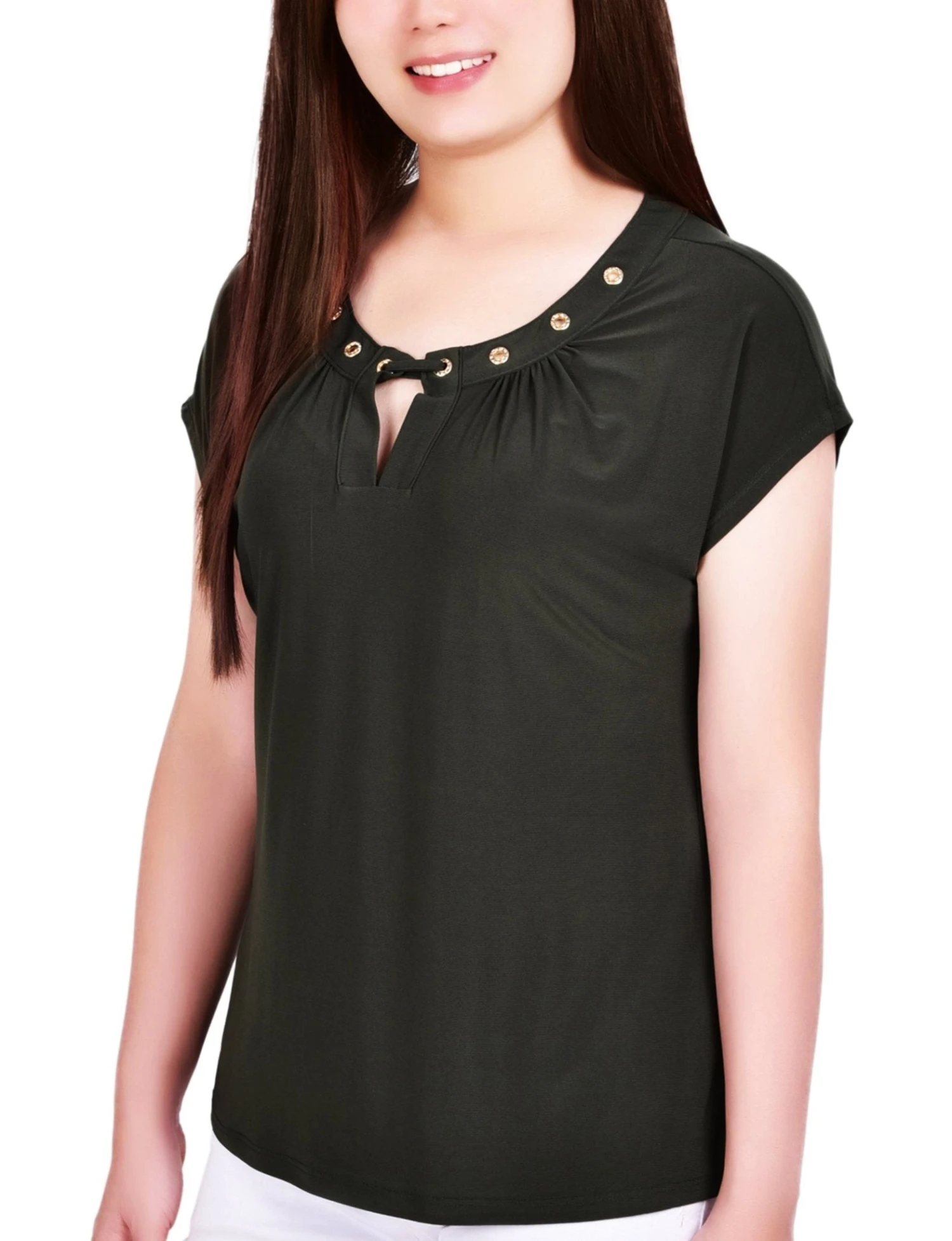 Petite Black Knit Top with Chic Grommet Neckline 2 Petite Black Knit Top with Chic Grommet Neckline - Image 2