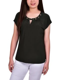 Petite Black Knit Top with Chic Grommet Neckline
