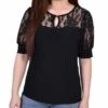 Black Lace Puff Sleeve Top - Elegant Short Sleeve Blouse with Yoke