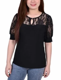 Black Lace Puff Sleeve Top - Elegant Short Sleeve Blouse with Yoke