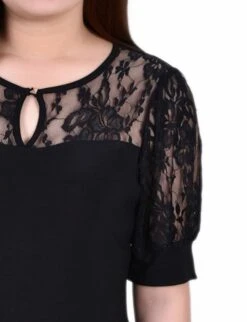 Black Lace Puff Sleeve Top - Elegant Short Sleeve Blouse with Yoke -Dressbarn Store black short puff sleeve top with lace sleeves and yoke 488423