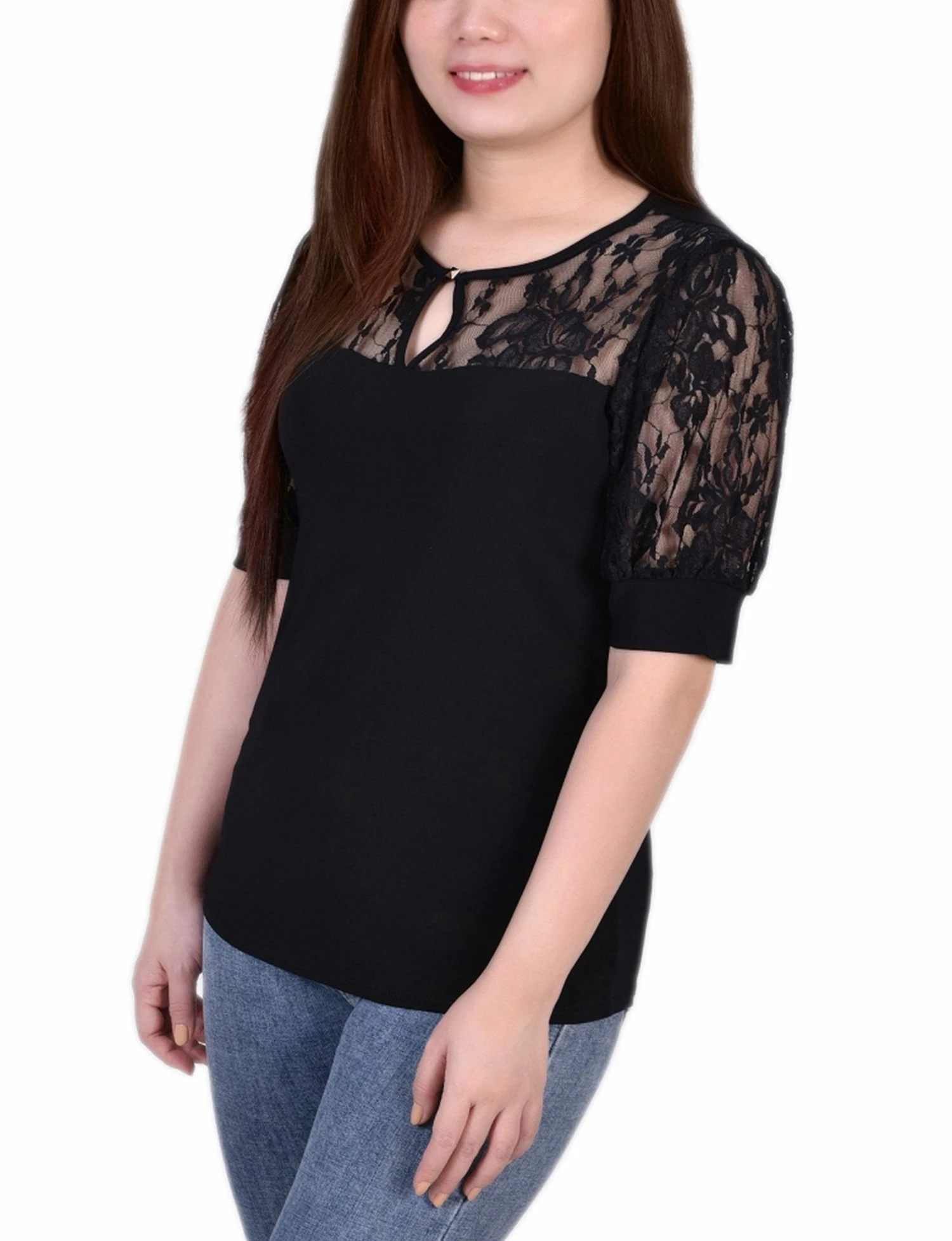 Petite Black Short Puff Sleeve Top with Elegant Lace Yoke 2 Petite Black Short Puff Sleeve Top with Elegant Lace Yoke - Image 2
