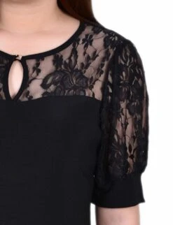 Petite Black Short Puff Sleeve Top with Elegant Lace Yoke 6 Petite Black Short Puff Sleeve Top with Elegant Lace Yoke -Dressbarn Store black short puff sleeve top with lace sleeves and yoke petite 901394
