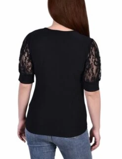 Petite Black Short Puff Sleeve Top with Elegant Lace Yoke 7 Petite Black Short Puff Sleeve Top with Elegant Lace Yoke -Dressbarn Store black short puff sleeve top with lace sleeves and yoke petite 951340