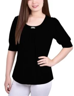 Women's Black Balloon Sleeve Knit Top with Hardware Detail