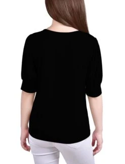 Women's Black Balloon Sleeve Knit Top with Hardware Detail -Dressbarn Store black short sleeve balloon sleeve top with hardware 513822