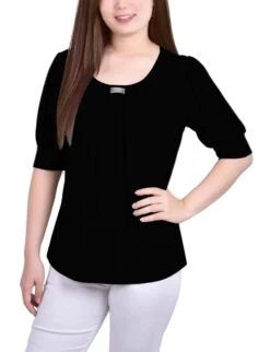 Petite Black Short Sleeve Balloon Sleeve Top with Hardware Detail