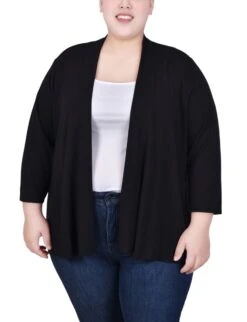 Plus Size Black 3/4 Sleeve Cardigan - Versatile Layering Essential