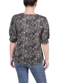 Petite Zebra Print Balloon Sleeve Knit Top with Neck Hardware -Dressbarn Store black taupe zebra short sleeve balloon sleeve top petite 616804