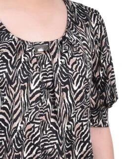 Petite Zebra Print Balloon Sleeve Knit Top with Neck Hardware -Dressbarn Store black taupe zebra short sleeve balloon sleeve top petite 779391
