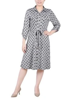 Petite Abstract Dot Roll Tab A-Line Shirtdress