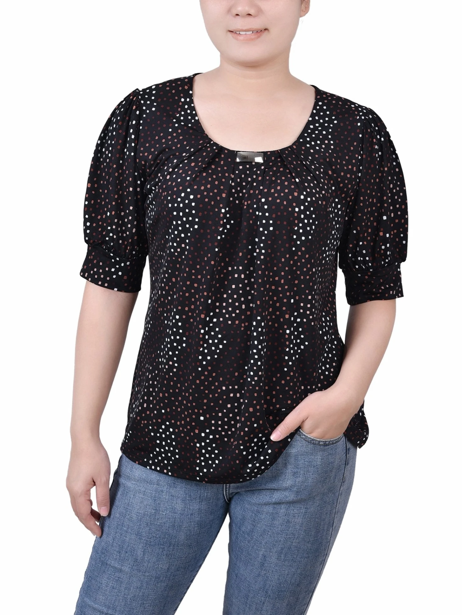 Petite Black and White Abstract Balloon Sleeve Knit Top 1 Petite Black and White Abstract Balloon Sleeve Knit Top