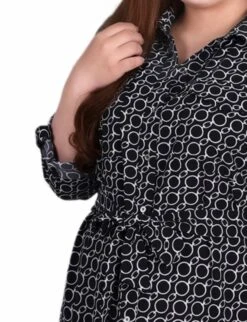 Plus Size Circle Chain Belted Shirtdress with Roll Tab Sleeves 7 Plus Size Circle Chain Belted Shirtdress with Roll Tab Sleeves -Dressbarn Store black white circle chain 34 roll tab sleeve belted shirtdress plus 327351