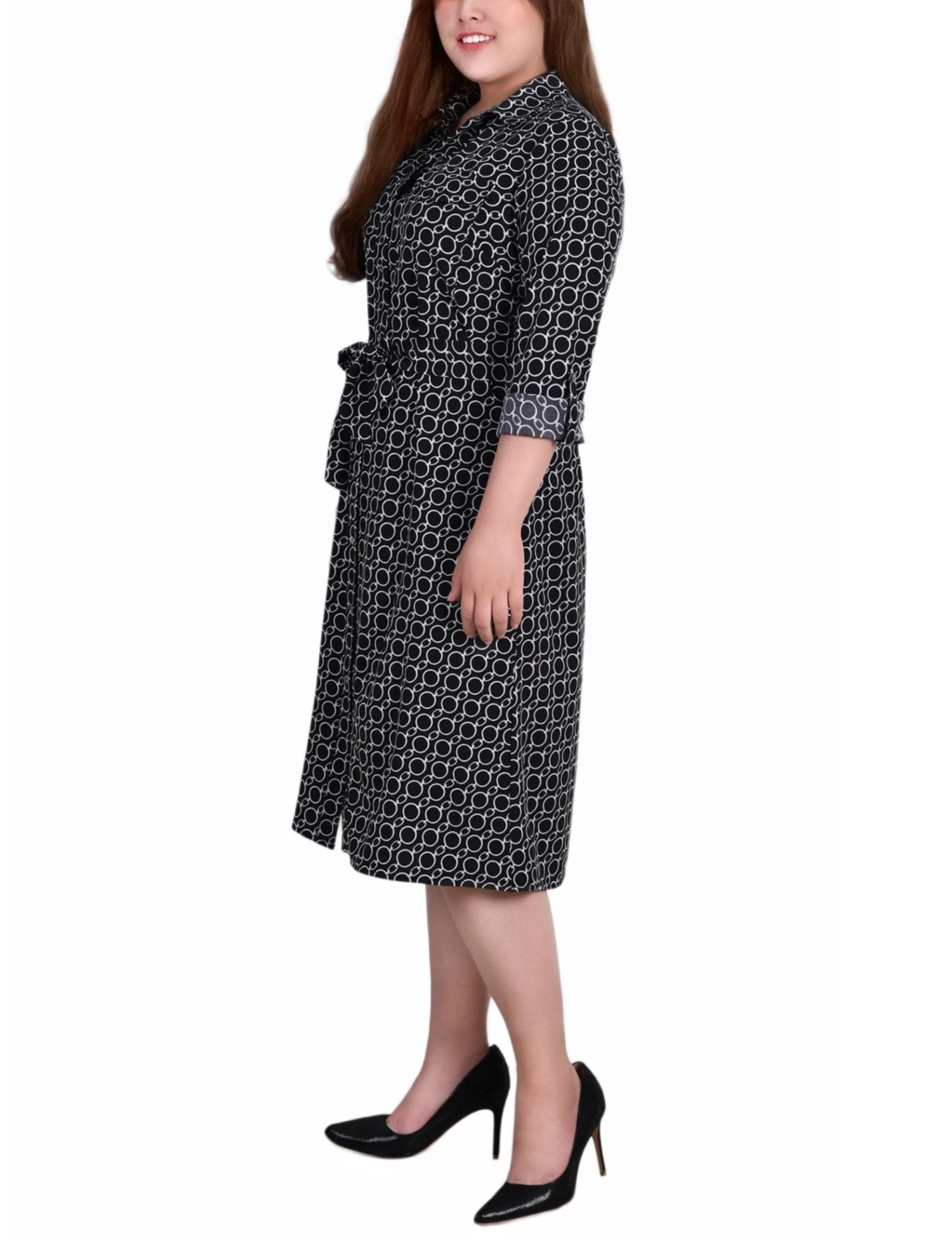 Plus Size Circle Chain Belted Shirtdress with Roll Tab Sleeves 2 Plus Size Circle Chain Belted Shirtdress with Roll Tab Sleeves - Image 2