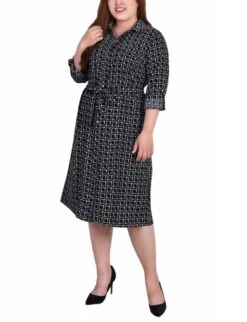 Plus Size Circle Chain Belted Shirtdress with Roll Tab Sleeves