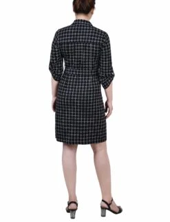 Petite Gridview Belted Roll Tab Zip Front Shirtdress -Dressbarn Store black white gridview belted roll tab zip front shirtdress petite 730408