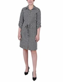 Petite Black and White 3/4 Roll Tab Sleeve Belted Shirtdress