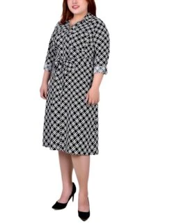 Plus Size Iconic Black & White Belted Shirtdress - Versatile Roll Tab Sleeve Style