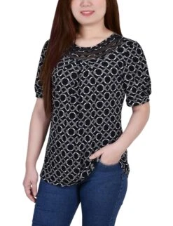 Petite Black and White Link Print Blouse with Mesh Inset Sleeves