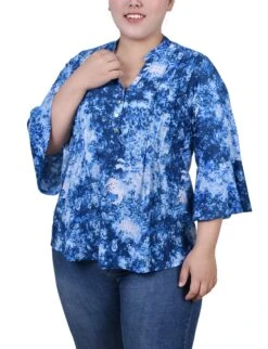 Plus Size Blue Floral Pleated Y-Neck Top with 3/4 Bell Sleeves
