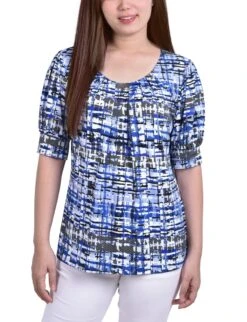 Petite Blue Transplaid Balloon Sleeve Top with Neck Detail