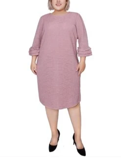 Plus Size Blush Textured Knit Dress with 3/4 Ruffle Sleeves