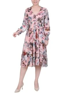 Floral Chiffon Midi Dress - Smocked Waist Watercolor Print