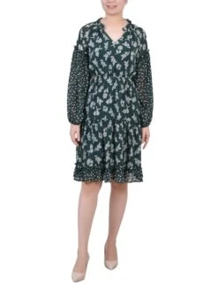 Petite Botanical Floral & Dot Long Sleeve Chiffon Tiered Midi Dress