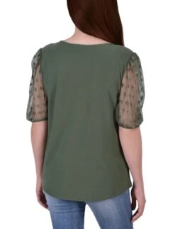 Petite Bronze Green 3/4 Sleeve Blouse with Mesh Sleeves and Necklace -Dressbarn Store bronze green 34 sleeve blouse with necklace petite 268731