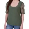 Petite Bronze Green 3/4 Sleeve Blouse with Mesh Sleeves and Necklace