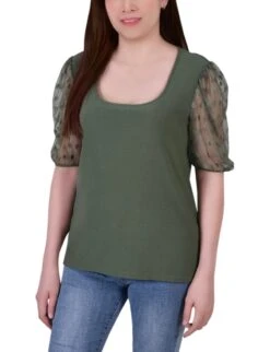 Petite Bronze Green 3/4 Sleeve Blouse with Mesh Sleeves and Necklace