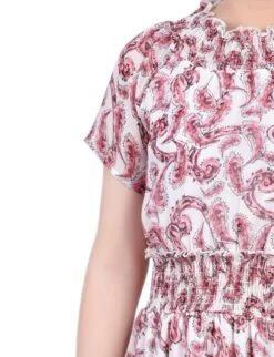 Burgundy Paisley Floral Smocked Waist Ruffle Neck Dress -Dressbarn Store burgundy paisley floral short sleeve smocked waist dress 114817