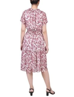 Burgundy Paisley Floral Smocked Waist Ruffle Neck Dress -Dressbarn Store burgundy paisley floral short sleeve smocked waist dress 297502