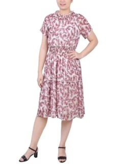 Burgundy Paisley Floral Smocked Waist Ruffle Neck Dress